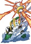  commentary_request explosion fire fog full_body grass hand_up legs_apart no_humans pearl7 pokemon pokemon_(creature) regigigas simple_background solo standing white_background 