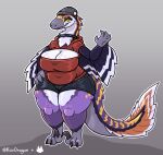 anthro arm_feathers artist_collaboration beanie breasts claws cleavage cleavage_cutout clothed clothing collar com50c cutout dinosaur dromaeosaurid feathered_dinosaur feathered_scalie feathers female hat headgear headwear hi_res hoodie implied_transformation kavdragun markings prehistoric_species reptile scalie shadow sharp_teeth sickle_claw signature simple_background slightly_chubby solo striped_markings stripes tail tail_feathers teeth theropod thick_thighs toe_claws topwear trans_(lore) utahraptor