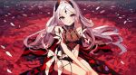  1girl bare_shoulders black_dress black_eyes breasts bug butterfly cleavage dress english_commentary eversoul facial_mark falling_petals flower forehead_mark highres long_hair looking_at_viewer medium_breasts naiah_(eversoul) official_alternate_costume official_alternate_eye_color official_alternate_hairstyle petals pink_petals pixel_art red_dress red_flower see-through_clothes see-through_dress_layer sitting sleeveless tinia_etru tongue tongue_out two-tone_dress white_hair 