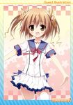  1girl :d absurdres bow brown_eyes brown_hair deliverer! hair_ribbon happy highres karory open_mouth ribbon school_uniform short_hair short_twintails smile solo thighhighs twintails white_legwear yufu_sumika zettai_ryouiki 