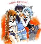  animal_ears ass birthday black_legwear braid brown_hair buruma crossover crotch_seam glasses gym_uniform happy_birthday kadowaki_mai kodomo_no_jikan long_hair lowres multiple_girls one_eye_closed panties panties_under_pantyhose pantyhose pinky_out sanya_v_litvyak seiyuu seiyuu_connection shiina_takashi strike_witches twin_braids underwear usa_mimi world_witches_series 