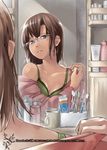  azuma_ren bare_shoulders bathroom bottle bra breasts brown_eyes brown_hair cleavage cup face freckles glasses hickey lingerie lotion medium_breasts mirror off_shoulder original pajamas reflection short_hair sink solo tears toothbrush underwear 