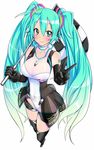  aqua_eyes aqua_hair blush breasts choker cleavage elbow_gloves gloves goodsmile_company goodsmile_racing hatsune_miku highres long_hair luceva medium_breasts race_queen racing_miku racing_miku_(2011) simple_background smile solo thighhighs twintails v very_long_hair vocaloid 