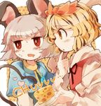  animal_ears blonde_hair blush chachi_(azuzu) cheese drooling face food grey_hair hair_ornament heart heart_tail jewelry mouse_ears mouse_tail multicolored_hair multiple_girls nazrin pendant red_eyes short_hair sweat tail toramaru_shou touhou two-tone_hair yellow_eyes 