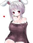  :&gt; alternate_costume alternate_hairstyle animal_ears bare_shoulders blush breasts bunny_ears casual collarbone hair_up han_(jackpot) heart huge_breasts looking_at_viewer naked_sweater purple_hair reisen_udongein_inaba ribbed_sweater simple_background sketch smile solo sweater tareme touhou 