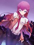  belt black_legwear blue_eyes blush brown_hair can cityscape dr_pepper jacket kasai_shin legwear_under_shorts long_hair makise_kurisu necktie night night_sky pantyhose red_neckwear short_shorts shorts sky soda soda_can solo star_(sky) steins;gate unmoving_pattern 