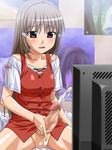  blush breasts censored cum ejaculation futanari futanari_shoujo_no_shasei_nikki grey_hair hair_ornament hairclip kuga_hajime_(world_lover) masturbation medium_breasts non-web_source penis pussy red_eyes shiori_(futanari_shoujo_no_shasei_nikki) short_hair sitting smile solo spread_legs 