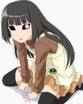  1girl black_hair black_thighhighs commentary_request dress glowing glowing_eye gundam hime_cut hollow_eyes hunched_over long_hair mono_ai open_mouth original pink_eyes short_dress sitting solo thighhighs tomu_(tomubobu) wariza yellow_dress zaku zaku_ii zettai_ryouiki 