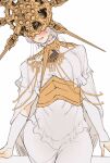  1boy blush capelet cowboy_shot dark_souls_(series) dark_souls_i dark_sun_gwyndolin detached_sleeves dress frills gold_headwear grey_hair highres long_sleeves male_with_breasts short_hair simple_background solo spiked_helmet spiked_necklace teeth white_background white_capelet white_dress zunkome 