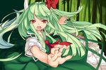  bamboo dress ex-keine face foreshortening green_hair hands highres horns kamishirasawa_keine long_hair mikan_(bananoha) open_mouth red_eyes solo touhou 