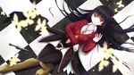  black_hair black_legwear boots breasts bug butterfly checkered checkered_floor garter_straps highres insect kirifrog large_breasts long_hair lucifer lying md5_mismatch necktie on_back pink_neckwear red_eyes solo stake stakes_of_purgatory thigh_gap thighhighs umineko_no_naku_koro_ni 