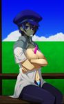  between_breasts blue_eyes blue_hair blush breasts cabbie_hat cloud covering covering_breasts crossed_arms day grass hat large_breasts navel no_bra open_clothes open_shirt panties persona persona_4 shade shirogane_naoto shirt short_hair sitting sky solo sweat taru_neko tupet underwear unzipped 