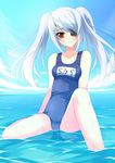  a_flow bad_id bad_pixiv_id beach day eyepatch infinite_stratos laura_bodewig long_hair name_tag one-piece_swimsuit outdoors partially_submerged red_eyes school_swimsuit silver_hair sitting solo swimsuit twintails water wet 