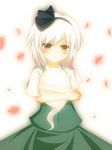  cherry_blossoms ghost green_eyes hairband hitodama konpaku_youmu konpaku_youmu_(ghost) object_hug raira short_hair short_sleeves silver_hair simple_background skirt solo touhou vest white_hair 