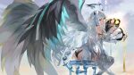  1girl absurdres angel_wings apple ass black_panties black_wings blunt_bangs broken_halo chair clothing_cutout cloud cloudy_sky crescent_halo dark_halo dress eve_(eversoul) eversoul feathers food from_behind fruit full_body grey_eyes halo highres horns long_hair long_sleeves looking_at_viewer looking_back multicolored_wings panties pikachutlet puffy_long_sleeves puffy_sleeves shoulder_cutout single_sidelock sitting sky solo spiked_halo thighhighs two-tone_wings underwear white_dress white_hair white_thighhighs wings 