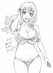  bikini blush breasts collarbone comic curvy eleanor_mercer eromanga freckles fukudahda highres huge_breasts kensou_ogawa long_hair manga monochrome navel open_mouth smile solo standing sweat swimsuit 