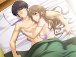  1boy 1girl bed bed_sheet black_hair blanket blush bra brabrown_hair breasts brown_hair cleavage cuddling embrace game_cg happy hug hugging kanae_riho koi_to_mizugi_to_taiyo_to large_breasts laying_down long_hair lying on_bed pillow purple_hair sheets short_hair sideboob smile snuggle underwear 