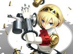  aegis_(persona) android armband blonde_hair blue_eyes casing_ejection cygnus_(cygnus7) drum_magazine persona persona_3 revision shell_casing short_hair smile solo 