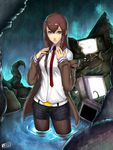  bad_id bad_pixiv_id blue_eyes brown_hair highres jacket jjune legwear_under_shorts long_hair makise_kurisu necktie pantyhose red_neckwear shorts solo steins;gate television wading water wet wet_clothes 