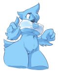  anthro avian beak big_breasts bird blue_feathers bottomless breasts clothed clothing feathers female huge_breasts logo low-angle_view meme nipple_bulge pussy simple_background solo somnamg tight_clothing tweetfur twitter under_boob white_background 