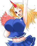  alternate_costume arm_up armpits blonde_hair blush bouncing_breasts breasts cheerleader han_(jackpot) horn hoshiguma_yuugi huge_breasts impossible_clothes long_hair midriff one_eye_closed open_mouth pom_poms red_eyes simple_background sketch skirt smile solo touhou 