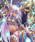  armor bikini_armor dark_skin felyne gauntlets gloves glowing green_eyes highres long_hair midriff monster monster_hunter monster_hunter_portable_3rd navel no_pants panties ponytail silver_hair sword thigh_gap tsukigami_chronica underwear very_long_hair weapon white_panties zinogre zinogre_(armor) 