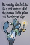 black_body black_fur blahaj blue_body blue_fur candle candlestick clothing dialogue digital_media_(artwork) english_text eyelashes facial_markings female fluffy fluffy_tail fur generation_4_pokemon gloves_(marking) hat head_markings headgear headwear ikea leg_markings lucario markings mask_(marking) nightcap nintendo open_mouth pajamas plushie pointy_ears pokemon pokemon_(species) portrait profanity selfdestructking shadow simple_background socks_(marking) solo tail text three-quarter_portrait tongue zoomer_speak