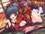  blue_hair bottomless breasts cleavage dmm earrings face foreshortening hair_ornament headdress highres japanese_clothes jewelry kanzashi kimono kiseru lace large_breasts long_hair lying nail_polish obi off_shoulder on_stomach open_clothes open_mouth original pipe red_eyes sash shiokonbu short_kimono socks solo thigh_gap wallpaper white_legwear yuujo 