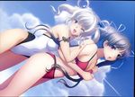  2girls ;d absurdres artist_request bikini black_hair blue_eyes competition_swimsuit copyright_request dutch_angle highres long_hair multiple_girls one-piece_swimsuit one_eye_closed open_mouth purple_eyes smile swimsuit tadano_akira twintails white_hair wink 