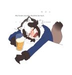  1girl alcohol animal_ears beer beer_mug blue_jacket blush brown_fur brown_gloves brown_hair chicha_(chi_cha_rigbo) closed_eyes crying cup english_text extra_ears fur_collar fur_trim gloves hair_between_eyes head_on_table highres jacket kemono_friends long_sleeves mug multicolored_hair open_mouth raccoon_ears raccoon_girl raccoon_tail short_hair sidelocks solo streaming_tears tail tanuki_(kemono_friends) tears two-tone_hair white_fur white_hair 