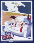  barefoot blue_hair couch dress harada_takehito nippon_ichi original pleinair pointy_ears red_eyes scan shoes short_hair solo stuffed_animal stuffed_toy translated 