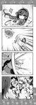  4koma akemi_homura comic explosion explosive grenade greyscale highres mahou_shoujo_madoka_magica monochrome mouth_hold multiple_girls shiroi_hakuto throwing tomoe_mami 