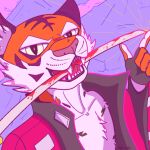 1:1 2024 5_fingers anatomically_correct anthro biped black_ears blood bodily_fluids bottomless bust_portrait clothed clothing countershading detailed_background digital_drawing_(artwork) digital_media_(artwork) ears_up eye_contact facial_markings felid fingers fluffy friends_vs_friends fur fur_markings glistening glistening_eyes gloves handwear head_markings humanoid_hands hyacinth1971 inner_ear_fluff jacket jacket_only katana licking light lighting looking_at_another looking_at_viewer male mammal markings melee_weapon open_mouth orange_body orange_fur pantherine pink_nose portrait pupils sable_santana shaded signature slit_pupils smile smiling_at_viewer solo sword teeth tiger tongue topwear topwear_only tuft weapon whisker_spots white_body white_fur white_inner_ear_fluff