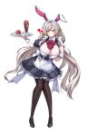  1girl absurdres animal_ears apron bent_over black_footwear black_thighhighs blush bow bowtie breasts brown_eyes cake cake_slice cleavage cleavage_cutout clothing_cutout dress edith_(eversoul) eversoul food full_body glass grey_hair hair_between_eyes heart highres holding holding_menu holding_tray ice_cream jewelry korean_commentary large_breasts light_smile long_hair looking_at_viewer maid maid_apron maid_headdress mapyarong menu plate pointy_ears puffy_short_sleeves puffy_sleeves rabbit_ears short_sleeves shoulder_cutout simple_background solo standing swept_bangs thighhighs tray very_long_hair white_background wing_collar wrist_cuffs 
