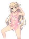  arima_senka blonde_hair bottomless flat_chest glasses green_eyes kashiwamochi_yomogi long_hair mole mole_on_body navel no_panties original see-through solo tsurime wet 