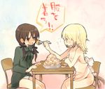  apron bad_id bad_pixiv_id blonde_hair blue_eyes blush breasts brown_eyes brown_hair cleavage erica_hartmann food fork gertrud_barkhorn honami_yuu medium_breasts military military_uniform multiple_girls naked_apron panties pantyshot pantyshot_(sitting) potato sitting strike_witches table tail tail_wagging translated twintails underwear uniform world_witches_series 