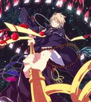  ao_no_exorcist beads blonde_hair blue_eyes hair_ornament hairclip highres japanese_clothes jewelry male_focus ofuda prayer_beads sara666 shakujou shima_kinzou solo staff tassel weapon 