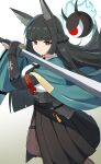 1girl absurdres animal_ears black_gloves black_hair black_necktie black_pantyhose black_skirt blunt_bangs cowboy_shot dress_shirt erushira fingerless_gloves fox_ears fox_girl gauntlets gloves green_jacket high-waist_skirt highres holding holding_sword holding_weapon hoshimi_miyabi jacket katana long_hair looking_at_viewer necktie pantyhose red_eyes serious shirt sidelocks single_fingerless_glove skirt solo sword tailless_(zenless_zone_zero) weapon white_shirt zenless_zone_zero 