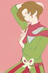  art_brush arty_(pokemon) bad_id bad_pixiv_id belt_buckle brown_hair buckle green_eyes male_focus paint paintbrush pokemon pokemon_(game) pokemon_bw polka_dot scarf smile solo striped ucchii 