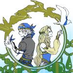  1boy 1girl animal bare_shoulders belt bird black_jacket blonde_hair blue_ribbon blue_shirt bridal_gauntlets celes_chere cropped_vest detached_sleeves dove earrings final_fantasy final_fantasy_vi grey_hair hair_ornament headscarf holding holding_animal holding_bird jacket jewelry locke_cole long_hair mochi_(hanamaruudondesu) multiple_belts parted_bangs parted_lips ribbon shirt short_hair short_sleeves sidelocks smile upper_body vest white_background yellow_sleeves yellow_vest 