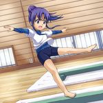  balance_beam balancing barefoot beidan bike_shorts blue_eyes child falling feet full_body gymnastics legs leotard original ponytail purple_hair solo 