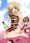  alcohol animal_ears animal_print apron armpits barefoot blue_eyes bottle cat_ears cat_tail dutch_angle fang feet flat_chest highres kneeling marotang naked_apron open_mouth original paws sake short_hair sitting smile solo tail tiger_paws tiger_print wariza 