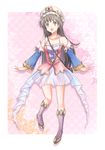  1girl :d atelier_(series) atelier_totori bag bare_shoulders bonnet boots breasts brown_hair cleavage detached_sleeves dress full_body hat long_hair looking_at_viewer miniskirt open_mouth outside_border shizufa shoulder_bag skirt smile solo thigh_gap totooria_helmold totori_helmond 