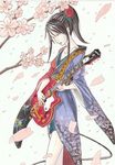  absurdres aria1982 black_hair cherry_blossoms electric_guitar flower guitar hair_flower hair_ornament highres instrument japanese_clothes kimono original paint_(medium) ponytail short_hair sidelocks solo standing traditional_media watercolor_(medium) watercolor_pencil_(medium) 