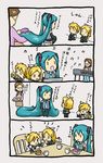  3girls 4koma chibi comic hair_brush hatsune_miku instrument kagamine_len kagamine_rin keyboard_(instrument) multiple_girls music shimota singing steamroller translated vocaloid yamaha 