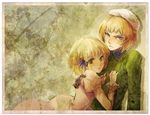  1girl axis_powers_hetalia bad_id bad_pixiv_id blonde_hair blue_eyes come green_eyes hair_ribbon hands_on_another's_chest hat hug liechtenstein_(hetalia) ribbon siblings switzerland_(hetalia) 