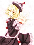  blonde_hair foreshortening hat highres kazetto lunasa_prismriver open_mouth outstretched_arm outstretched_hand short_hair solo touhou yellow_eyes 