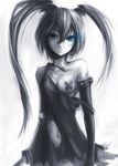  bandaid bandaids_on_nipples black_hair black_rock_shooter black_rock_shooter_(character) blue_eyes dress long_hair off_shoulder pasties scar solo sword torn_clothes twintails uneven_twintails weapon yato 