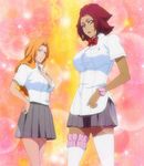  2girls bleach bleach:_zanpakutou_ibun_hen blue_eyes breasts cleavage garter garters green_eyes haineko hand_on_hip highres large_breasts long_hair matsumoto_rangiku multiple_girls orange_hair pleated_skirt red_hair school_uniform screencap short_hair skirt stitched 