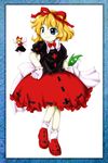  blonde_hair blue_eyes bow bubble_skirt dress flower gloves hair_bow lily_of_the_valley lowres mdnk medicine_melancholy official_style oota_jun'ya_(style) parody ribbon skirt solo style_parody su-san touhou wings 